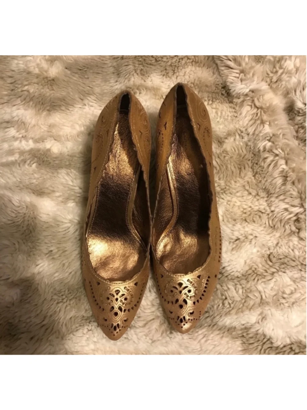 Luna Rosa Gold Metallic Laser Cut Pointed Toe Wedge Size 10 Boho Comfort
